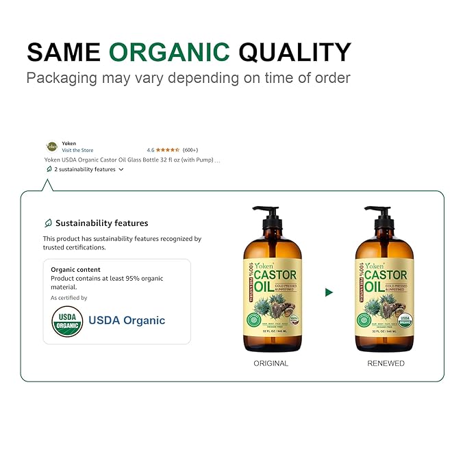 EWG Verified Castor Oil Glass Bottle 32 fl oz (with Pump) 100% Pure Castor Oil for Skin Face Hair, Cold Press, Hexane Free, Unrefined Caster oil for Pack Wrap Deep Nourish Body