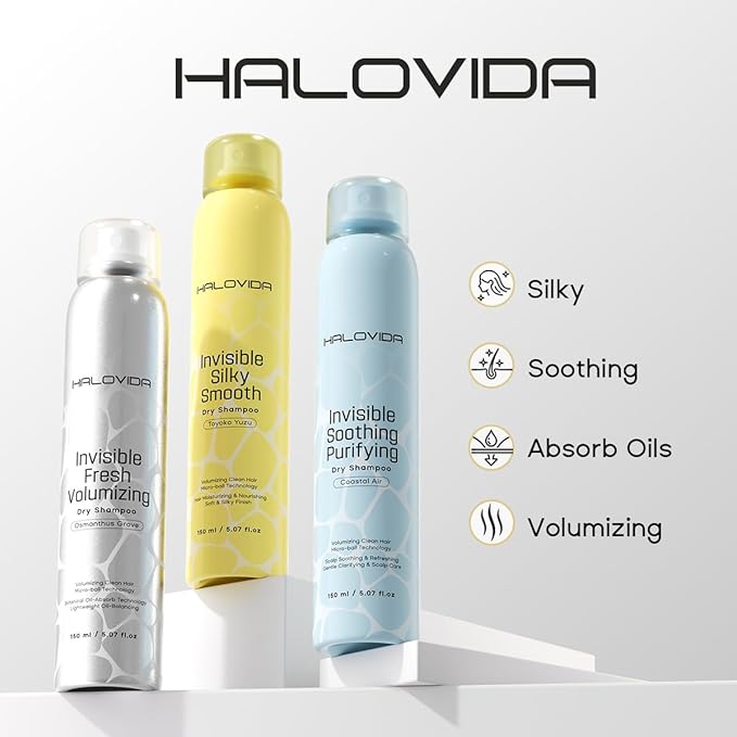 HALOVIDA Dry Shampoo for Women, Dry Shampoo Spray for All Hair Leaves No White Residue, Absorb Oils, Volumizing & Refresh Hair for 72 Hours, 5.07 Fl Oz (Coastal Air)