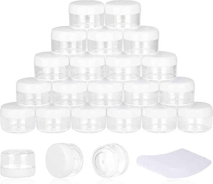 200PCS 5 Gram Sample Containers, 5ml Empty Jars with Lids, Small Cosmetic Containers, Mini Sample Jars with 16PCS Mini Spatulas for Make Up, Oils, Lotion, Powder, Paint, Jewelry, Lip Balms(White Lid)