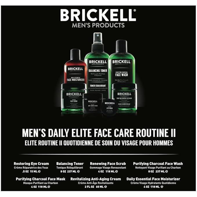Brickell Men's Daily Elite Face Care Routine II, Toner, Charcoal Facial Wash, Face Scrub, Anti-Aging Night Cream, Eye Cream, Charcoal Mask and Moisturizer, Natural and Organic, Scented