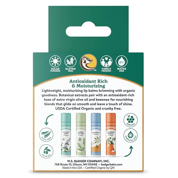 Badger Classic Organic Lip Balm Set - Green Box, Long Lasting Lip Moisturizer Gift Set, Light Silky Texture, All Natural Lip Balm Variety Pack Lip-Set (Unscented, Tea Tree, Mint & Tangerine), 4 pack