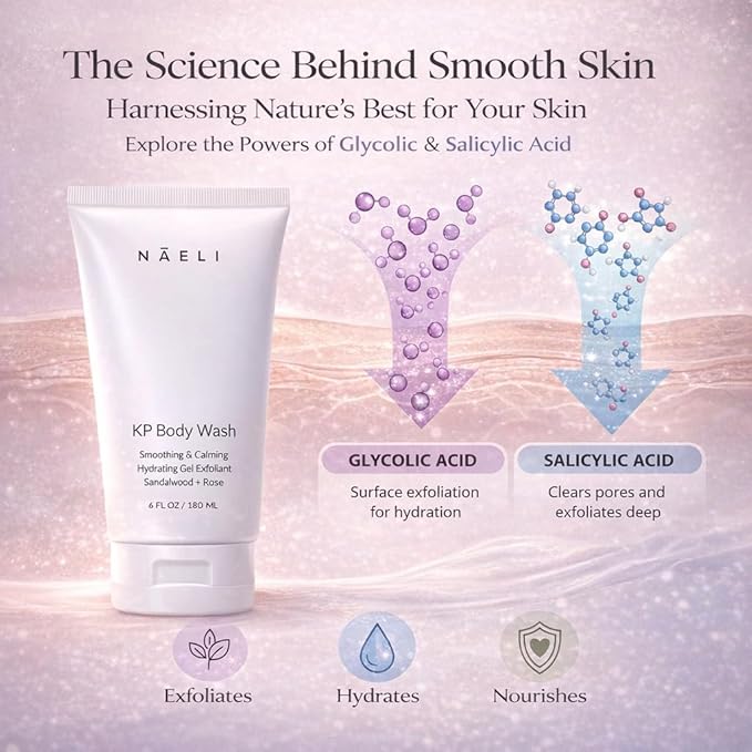 NAELI Exfoliating Body Wash with Salicylic & Glycolic Acid - Natural Keratosis Pilaris Treatment, KP Bump Eraser, Back & Butt Acne Gel - Smooths & Hydrates, 6 oz