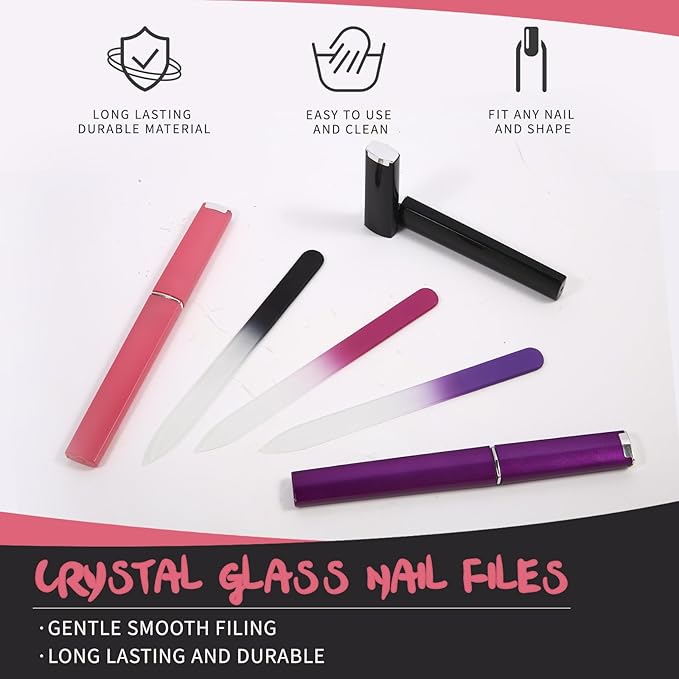3 Pack Crystal Glass Fingernail File with Case for Natural Nail Professional Czech Glass File Double-Sided Etched Gentle Nail Care Stocking Stuffers for Women or Adults, Unique Gifts