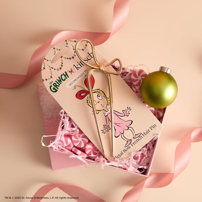 The Grinch x Kitsch Gold French Hair Pin with Bow Design - Durable Metal Hair Pin for Effortless Updos, Half-Up Style | Lightweight & Ideal Stocking Stuffers | Ideal Gifts for Women - 1pc