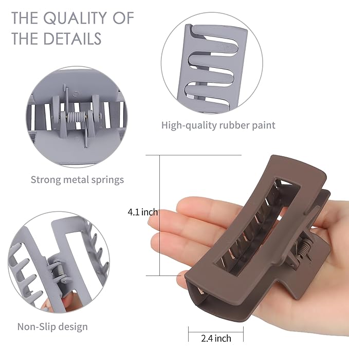 4 Inch Big Hair Claw Clips 6 Pcs Large Claw for Thick Hair Square Hair Clips for Women Rectangle Hair Clips Nonslip Acrylic Banana Jaw Clips Hair Accessories for Girls (Brown Grey)