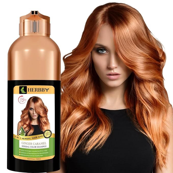 HERBBY Hair Color Shampoo for Gray Hair Coverage&Color Transform with 9 Herbal Extracts –Long Lasting(6-8 Weeks),Shiny,Evenly Colored,Instant Hair Dye Shampoo&Conditioner,500 Ml (GINGER CARAMEL COLOR)