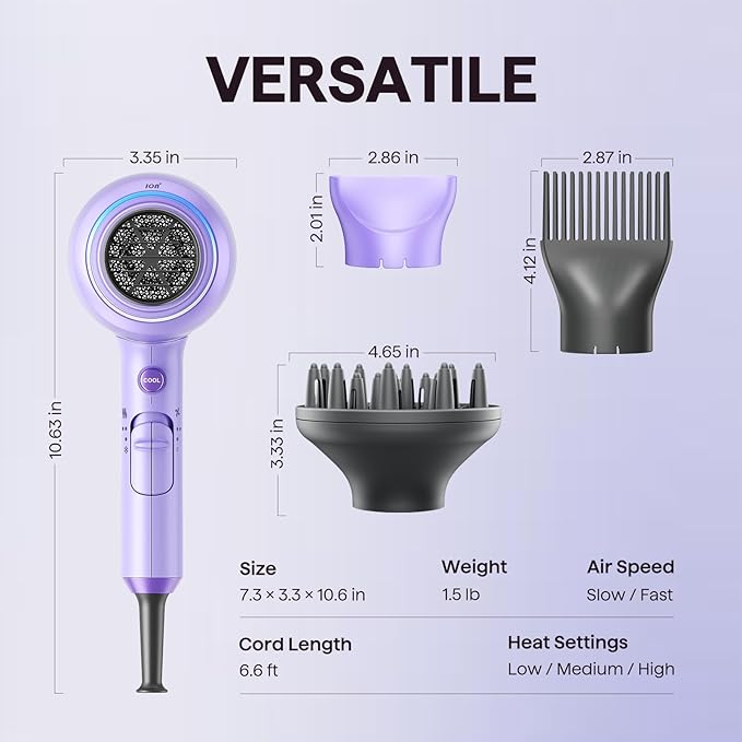 Wavytalk Blow Dryer with Diffuser, Blown Away Ionic Hair Dryer for Curly Hair with Comb, 1875W Fast Drying Blow Dryer with Ceramic Technology, 3 Attachments for All Hair Types, Light and Quiet, Purple