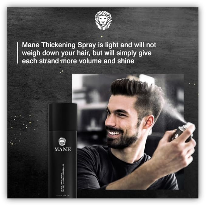 MANE Hair Thickening Spray & Root Touch Up, Instantly Thicker Hair for Men & Women, Fill in Hairlines and Hide Thinning and Fine Patches - Jet Black, 12 Colors (6.76 oz)
