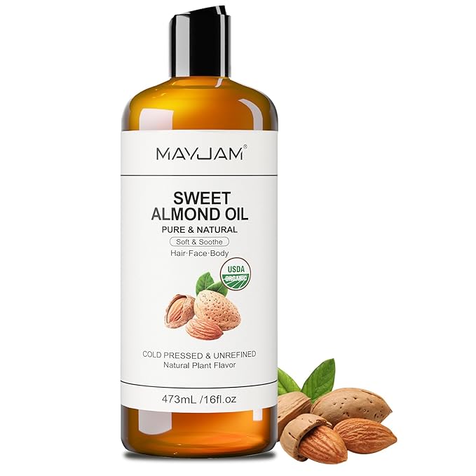 MAYJAM Sweet Almond Oil 16 Fl Oz, USDA Certified Pure and Natural Carrier Oil, for Skin and Hair Moisturizing, Hair and Body Massage Oil for Essential Oils Mixing (473ml)