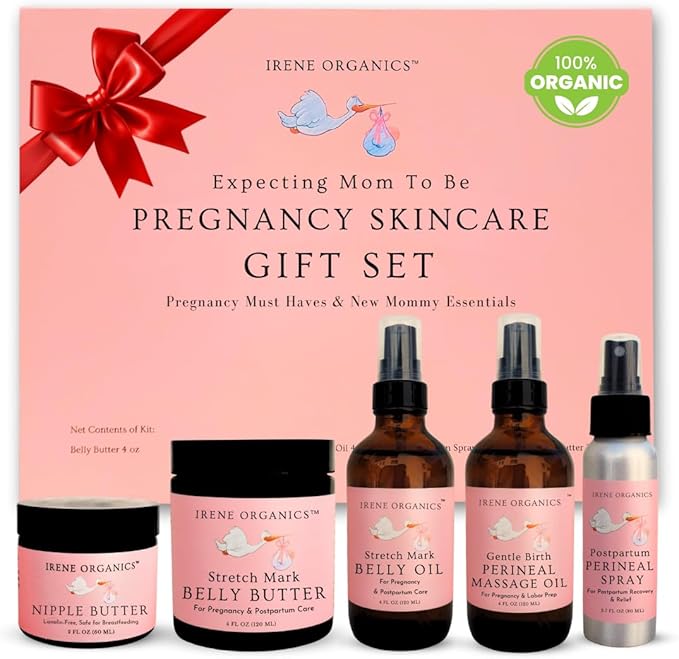 Irene Organics Belly Bundle – 5 Piece Pregnancy Skincare Gift Set with Organic Belly Butter & Natural Body Oil for Stretch Marks (5 piece set)