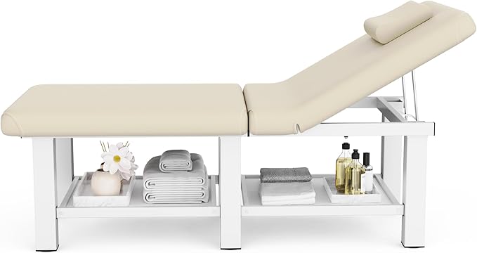 30.5'' Wide × 75'' Long Folding Stationary Massage Table with Backrest and Storage Space for Treatment Table Physical Therapy Table Spa Facial Bed, 6 Square legs, Metal Frame PU Leather - Beige Gray