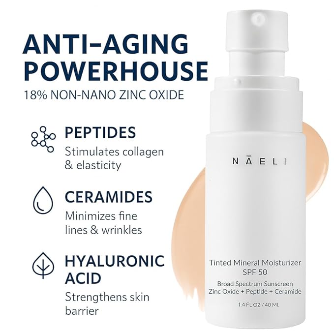 NAELI Anti Aging Tinted Moisturizer SPF 50, Mineral Sunscreen for Face with Zinc Oxide, Peptides & Ceramides, Natural Hydrating Light Tint - 1.4 oz