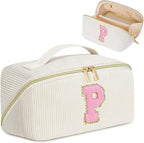 Personalized Initial Makeup Bag, Valentine's Day Gifts for Girls,Preppy Bag Cosmetic Travel Bag Women,Travel Toiletry Organizer,Large Capacity Corduroy Stuff Bag,Cute Cosmetic Pouch Skincare Bag