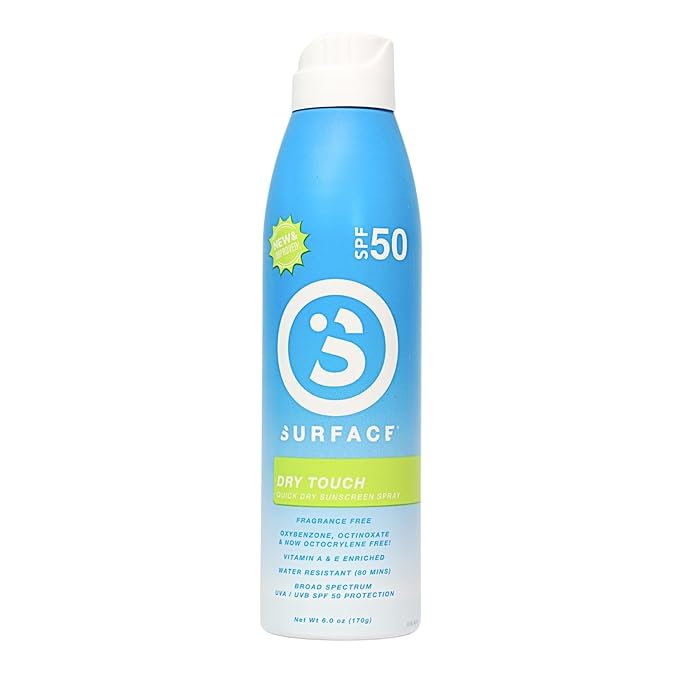 Surface Sunscreen Spray SPF 50 for Body, Natural Formula, Lightweight and Reef Friendly, Broad Spectrum UVA UVB Protection, Water Resistant Sun Care for Outdoor Use, Fragrance Free, 6oz