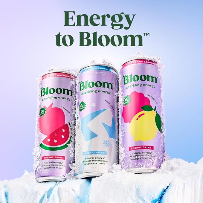 Bloom Nutrition Sparkling Energy Drink - Natural Caffeine, Zero Sugar, 180mg Caffeine - Antioxidant-Rich with Green Coffee Bean, Green Tea Extract, Prebiotics - Glacier Crush - 12oz 12 Pack