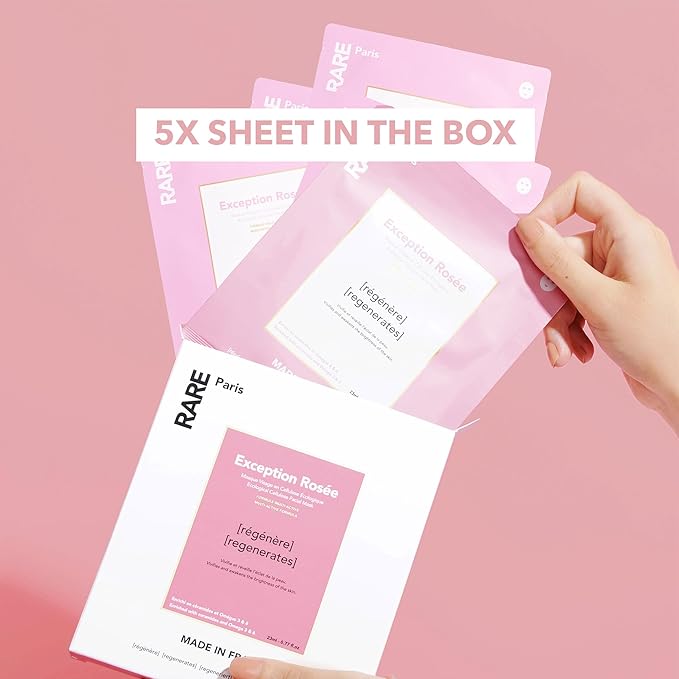RARE Paris - Exception Rosée - Regenerating Facial Sheet Mask - Hydrating & Brightening - With Ceramides & Omega-3 & 6 - Brightening, Firming & Revitalizing - Multi-Active Serum Formula - 5 Pack