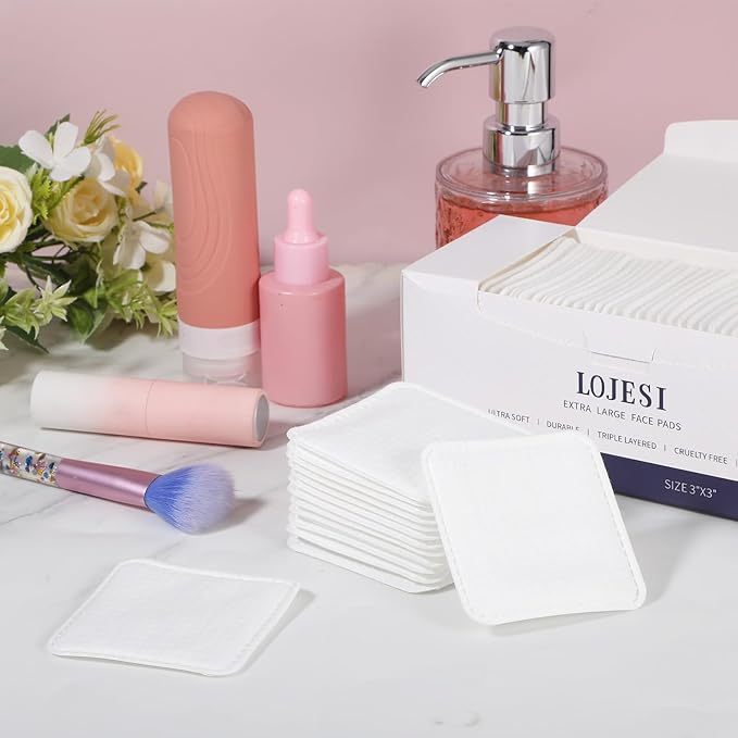 240 Count Large Cotton Pads, Makeup Remover Pads Square Disposable Cotton Soft Rounded Corners Lint-Free with Pressed Seam Design for Facial Cleansing Daily Skin Care