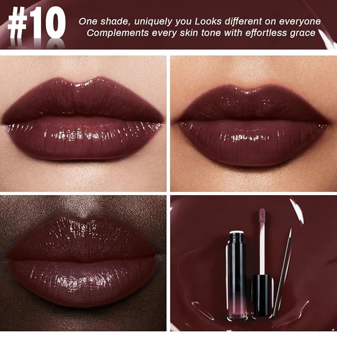 evpct Brown Eggplant Purple Shiny Longwear No-Budge Liquid Lip Color Lipstick Makeup, Highly Pigmented Color Instant Shine, Waterproof Long Lasting Lipstick Lip Stain Gloss with Lip Liner Brush, 10#