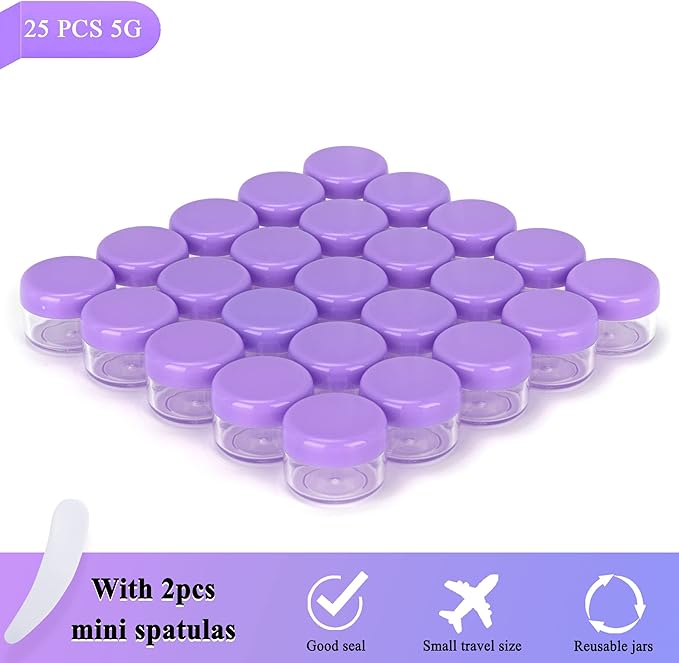 25PCS 5 Gram Sample Containers, 5ml Empty Jars with Lids, Small Cosmetic Containers, Mini Sample Jars with 2PCS Mini Spatulas for Make Up, Oils, Lotion, Powder, Paint, Jewelry, Lip Balms(Purple Lid)