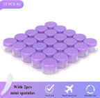 25PCS 5 Gram Sample Containers, 5ml Empty Jars with Lids, Small Cosmetic Containers, Mini Sample Jars with 2PCS Mini Spatulas for Make Up, Oils, Lotion, Powder, Paint, Jewelry, Lip Balms(Purple Lid)