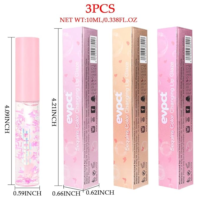 evpct 3Pcs Clear Color Changing PH Tinted Lip Gloss Sets for Women, Pink Mood Lip Oil Gloss Balm Tint Stain Glaze Pack Hydrating 0.34 fl.oz *3
