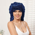 AWAYTR Long Satin Bonnet for Braids - Elastic Silk Hair Bonnets for Sleeping Night Cap Stretchy Tie Band for Women（Navy Blue）