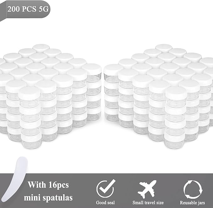 200PCS 5 Gram Sample Containers, 5ml Empty Jars with Lids, Small Cosmetic Containers, Mini Sample Jars with 16PCS Mini Spatulas for Make Up, Oils, Lotion, Powder, Paint, Jewelry, Lip Balms(White Lid)