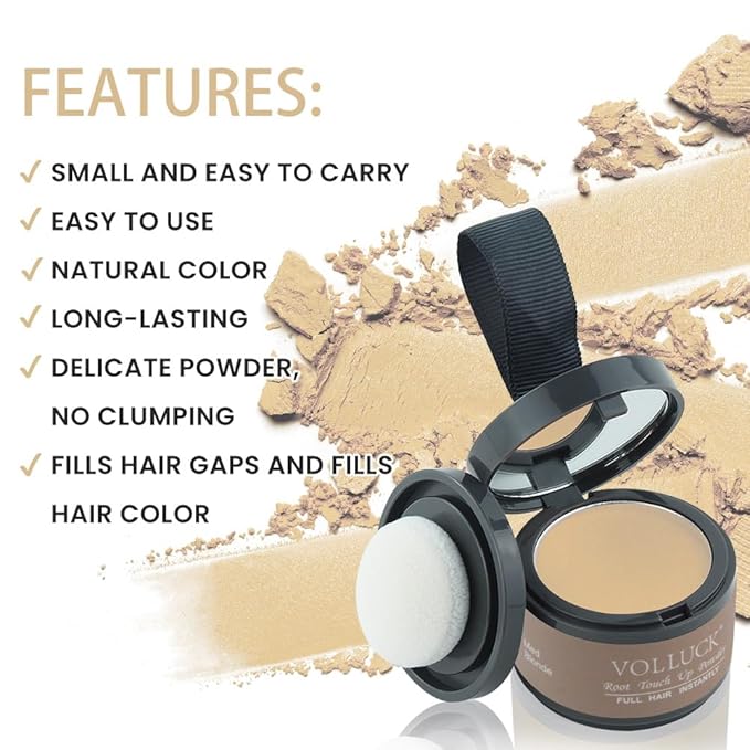 VOLLUCK Root Touch up Powder, Instant Hairline Powder for Thinning Areas and Gray Hair Coverage, Natural and Non-greasy Root Cover up for Women and Men (Medium Blonde, 0.14 Ounce)