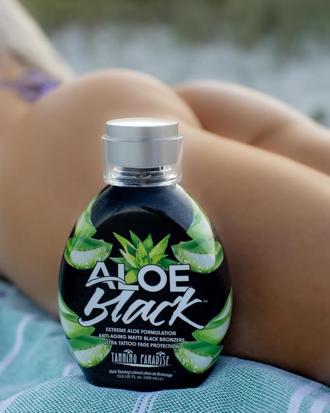 Tanning Paradise Aloe Black Lotion – Anti-Aging Matte Black Bronzer, Anti-Orange, Tattoo & Color Fade Protection, Deep Hydration, Matte Blackest Bronzer, Aloe Vera 13.5 oz