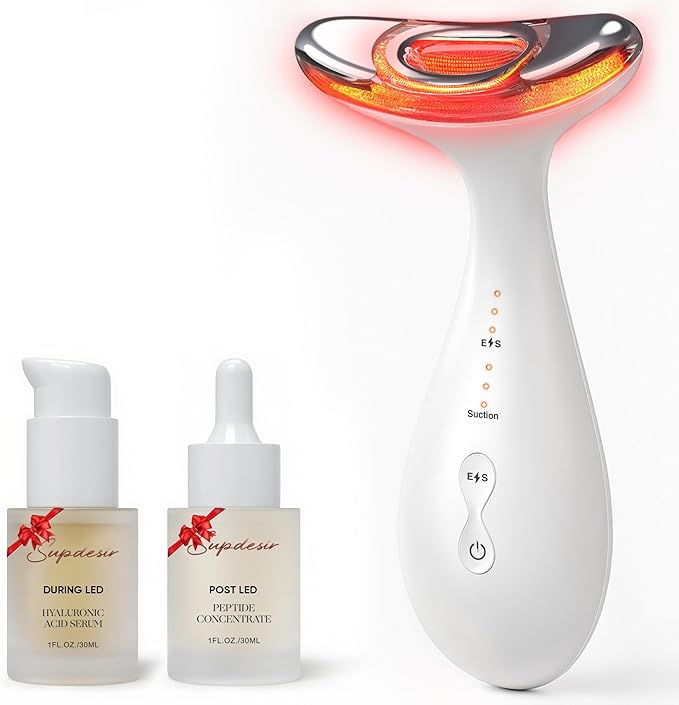 3-in-1 for Aurora Red Light for Face & Neck Beauty Massager, with Suction, Vibration, Heat, 3 Light Therapies for Skin Glow, Face Lift, Neck Firm, White