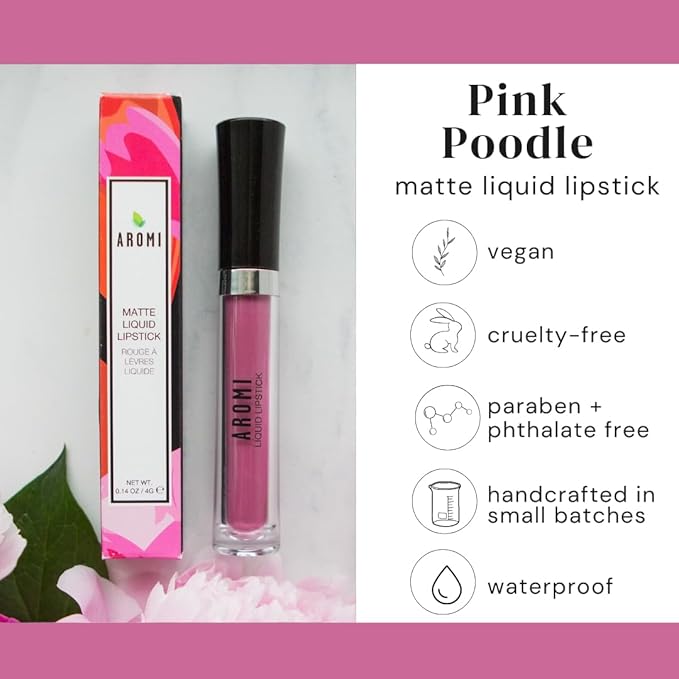 Aromi Matte Liquid Lipstick | Medium, Bubblegum Pink Lip Color, Smudge Proof, Long-lasting, Vegan, Cruelty-free, Waterproof, Paraben + Gluten Free (Poodle Skirt)