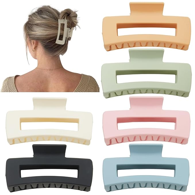 4 Inch Big Hair Claw Clips 6 Pcs Large Claw for Thick Hair Square Hair Clips for Women Rectangle Hair Clips Nonslip Acrylic Banana Jaw Clips Hair Accessories for Girls (Light)