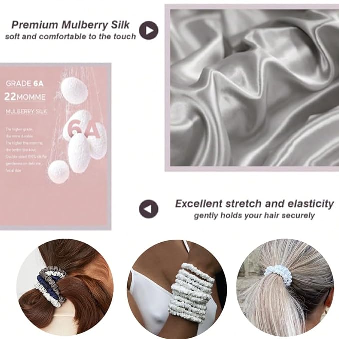Suncdelv Silk,100% Silk Scrunchies for Hair,22 Momme Hair Ties for Anti-Crease & Breakage,Natural Women Hair Accessories，Fashion Hairbands 6PCS(Rice White)