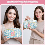 Personalized Travel Makeup Bag Set,Initial Travel Cute Floral Makeup Organizer Bag,Toiletry Skincare Cosmetic Bag, Valentine’s Day Gifts for Women/Girls,Open Flat Toiletry Pouch with Brush Pocket-S