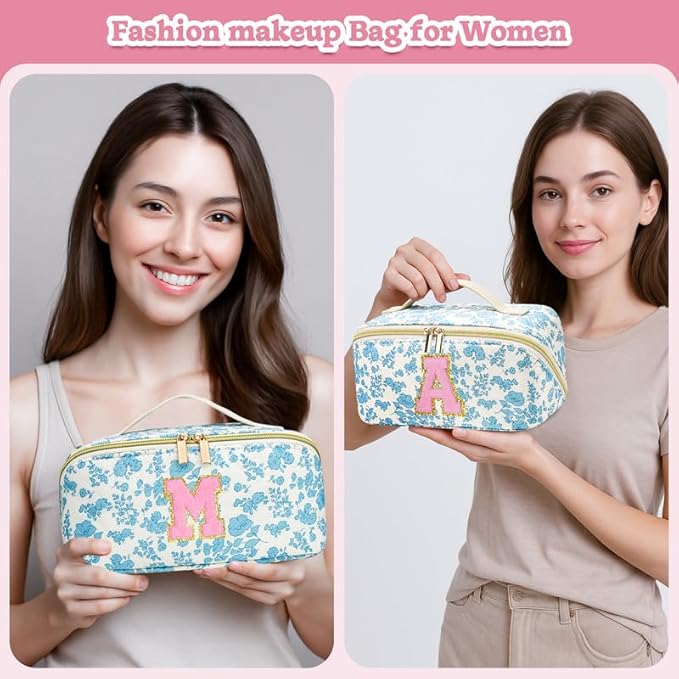 Personalized Travel Makeup Bag Set,Initial Travel Cute Floral Makeup Organizer Bag,Toiletry Skincare Cosmetic Bag, Valentine’s Day Gifts for Women/Girls,Open Flat Toiletry Pouch with Brush Pocket-S