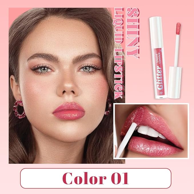 AMY'S DIARY Glitter Liquid Lipstick, Shimmer Metallic Lip Gloss, Long-Lasting Waterproof Lip Color, High Shine Sparkle Makeup,Lip makeup for woman (Rose Gold Shimmer#1)