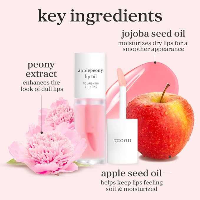 NOONI Korean Lip Oil - Applepeony | Long-Lasting, Moisturizing, Plumping, Revitalizing for Dry Lips, Waterproof, No Peel Off, Hydrating, Nourishing Crystal Clear, Stocking Stuffers 0.12 FL Oz