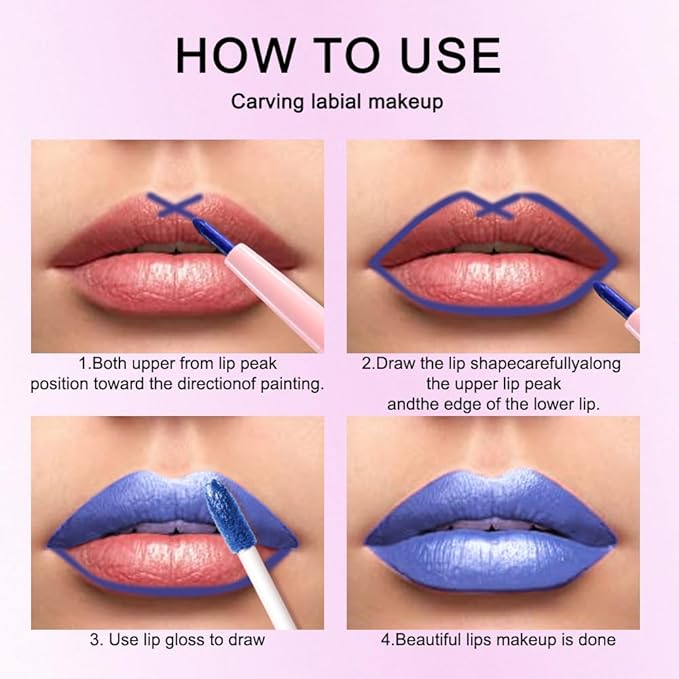 evpct Blue Metallic Glitter Lip Liner and Lipstick Combo Lip Gloss Stain Set Makeup for Women Long Lasting Waterproof 24, Non Stick Cup Metal Shine Shimmer Iridescent Liquid Lipstick 24
