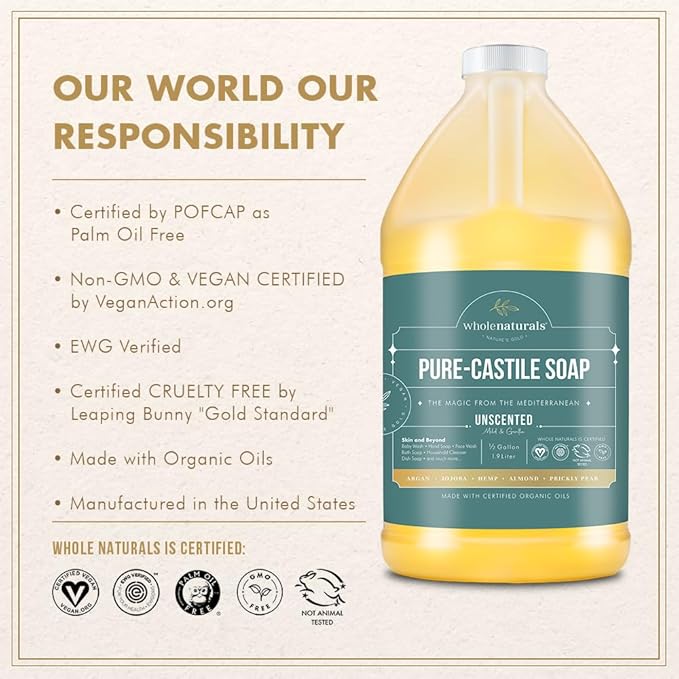 WHOLENATURALS Pure Castile Soap Liquid Unscented, EWG Verified & Certified Palm Oil Free-1 gallon (64oz x2 bottles) Natural, Mild & Gentle Non-gmo & Vegan-Organic Body Wash, Laundry & Baby Soap