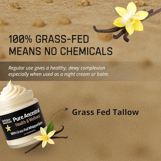 Pure Ancestral Health & Wellness 100% Grass Fed Beef Tallow for Skin Care - Face + Body - Whipped Moisturizer for Sensitive Skin - Natural Lotion | Large 9 Oz Jar. (Vanilla Scented)