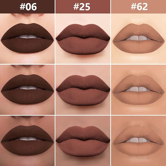 3Pcs 2 in 1 Chocolate Nude Brown True Nude Matte Lip Liner and Liquid Lipstick Stain Makeup Set for women, Long Lasting Smudge Proof Lip Tint Matte Finish Lip Gloss for All-Day Color Hold Set33