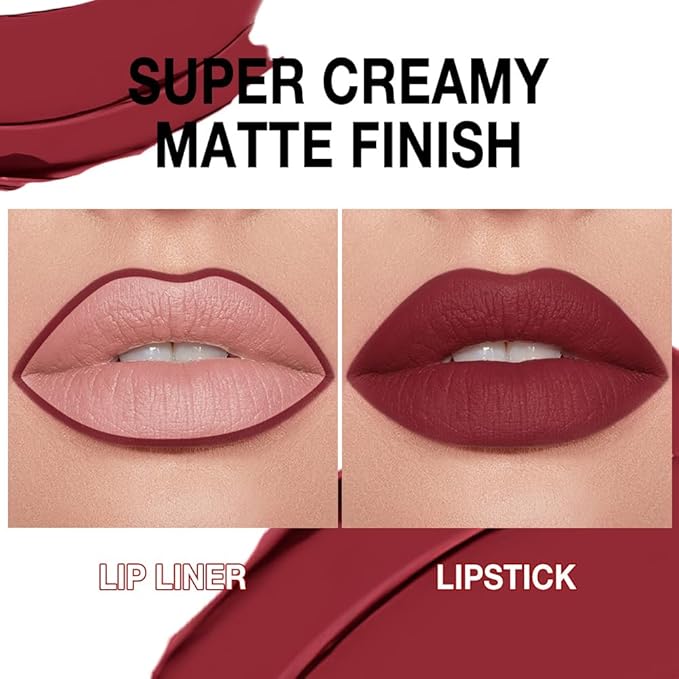 evpct Dark Red Gradient Matte Lipstick Lip Liner Crayon Combo Pencil Set for Women Long Lasting Waterproof, Oxblood Red Matte Cream Lip Liner and Lipstick Combo Makeup, Flawless Gradual Ombre Effect