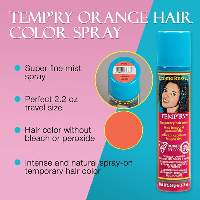 Jerome Russell Temporary Hair Color Spray, Orange - Intense Spray-On Temporary Hair Color, Fast-Drying, Non-Sticky, 2.2 oz