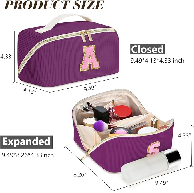 Personalized Initial Makeup Bag, Valentine's Day Gifts for Girls,Preppy Bag Cosmetic Travel Bag Women,Travel Toiletry Organizer,Large Capacity Corduroy Stuff Bag,Cute Cosmetic Pouch Skincare Bag
