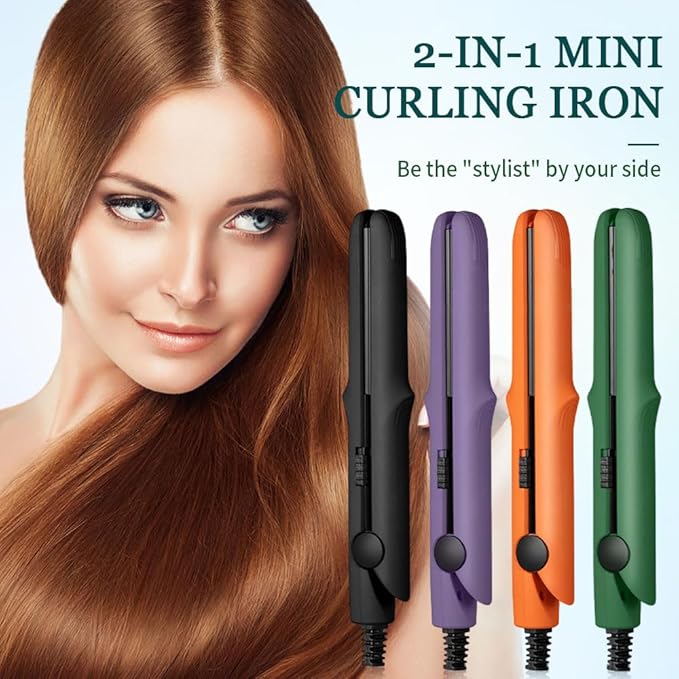 2025 Upgrade 2-in-1 Mini Dual Purpose Curling Wand Flat Iron for Women's Short and All Hair Types (Orange)