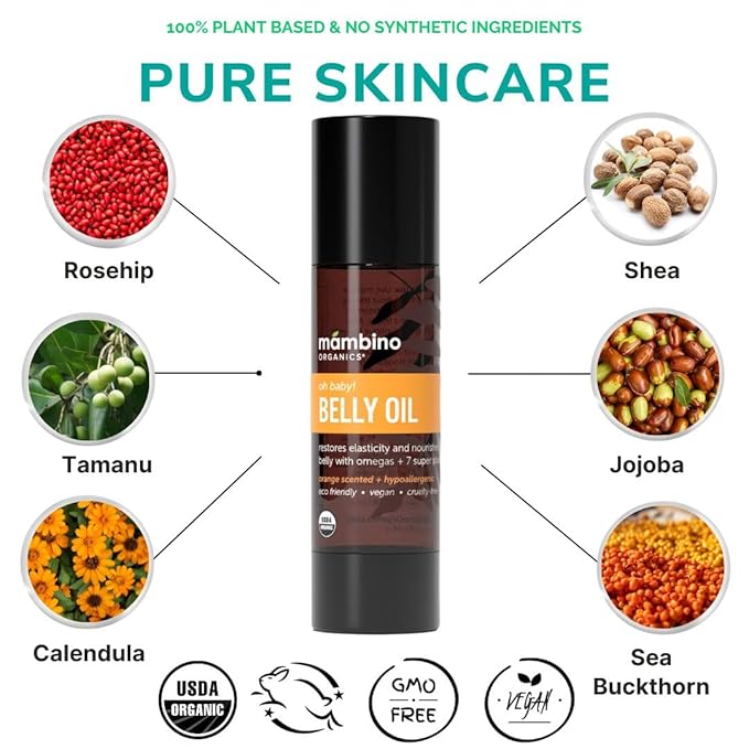 Mambino Organics Oh Baby! Belly Oil for Pregnant Women, Organic Stretch Mark Oil for Pregnancy, Postpartum Skin Elasticity, Hydration, With Tamanu, Shea Butter, Calendula, Vegan, Non-GMO, 4 fl oz