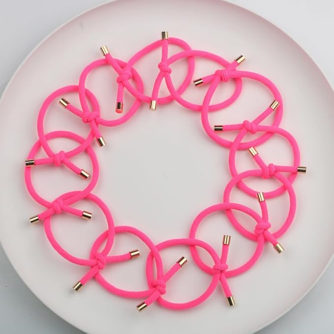 14PCS Hair Tie Elastics Knotted Hair Ties Ponytail Holders for Women Girls Elastic Hair Rubber Bands for Thin Thick Wavy Curly Straight Long Hair (Neon Pink)