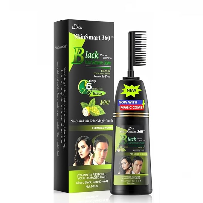 SkinSmart 360® No-Stain Hair Dye Shampoo – Full Gray Coverage for Men & Women, 3-in-1 Color + Cleanse + Condition, Natural Ingredients, Easy No-Mix Formula, 200 mL (Natural Black + Magic Comb)