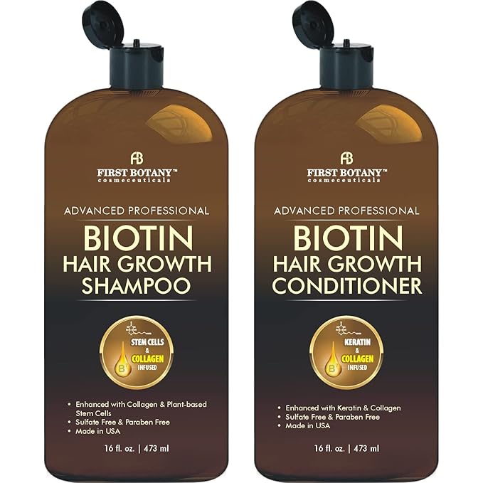 First Botany, Biotin Hair Growth Shampoo Conditioner Anti Hair Loss Thickening formula Collagen & Stem Cell For Hair Regrowth Anti Thinning Sulfate Free For Men Women Anti Dandruff Treatment 16 oz x2