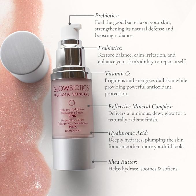Glowbiotics Probiotic HydraGlow Illuminating Serum Pink: Hydrating Dew Drops for Radiant Skin, Illuminating Glow Enhancer with Hyaluronic Acid and Probiotics, 1 Fl Oz